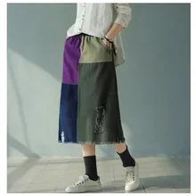 Цветная Лоскутная винтажная джинсовая юбка с дырками saia 3296-YP