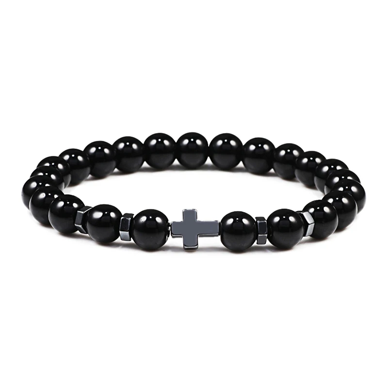 Bright Black Горячие мужчины крест черный Лава Браслеты Натуральный камень тигровый глаз оникс для медитации и молитвы деревянный бусина, жесткий браслет для женщин Йога ювелирные изделия - Окраска металла: Bright Black