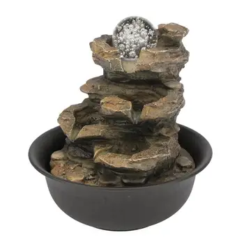4-tier cascading resin-rock falls tabletop water fountain with led geomantic ball for office study room indoor home desk decor