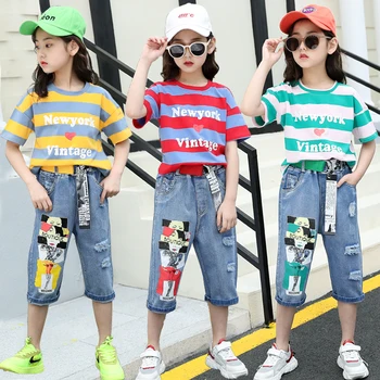 

Summer Wear Striped T-Shirt + Distressed Jeans Outfit Street Style Kids Girls 2Pcs Clothes Set Kids Girl Clothing Set For Kids