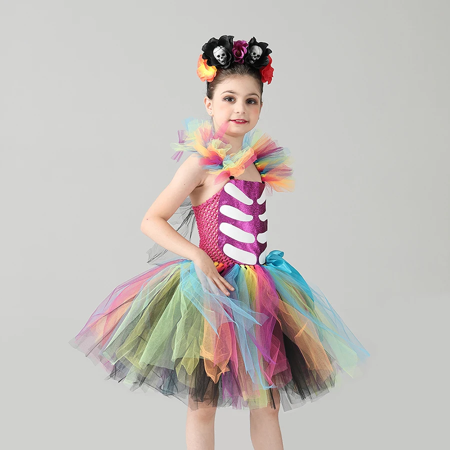 Children Day Of The Dead Halloween Costume Girls Skeleton Skull Dia Muertos Fancy Tutu Dress with Headband Cosplay Party Dress (6)