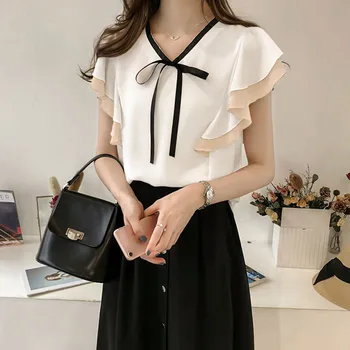

Chiffon Blouse Women 2020 Summer Korean Girl's Sweet V-Neck Bow Ruffled Short Sleeve Shirts Office Ladies Causal Tops White