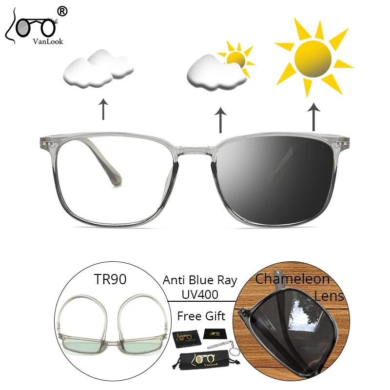 

VANLOOK Photochromic Blue Light Glasses for Computer Women Chameleon Sunglasses Plano Anti UV Antiglare TR Square Unisex Frames