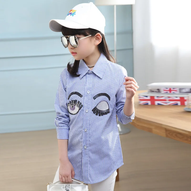 

2019 Autumn girls eyes stripe print on the shirt for girls 5 6 8 10 12 Year Kids girls shirt DX03017