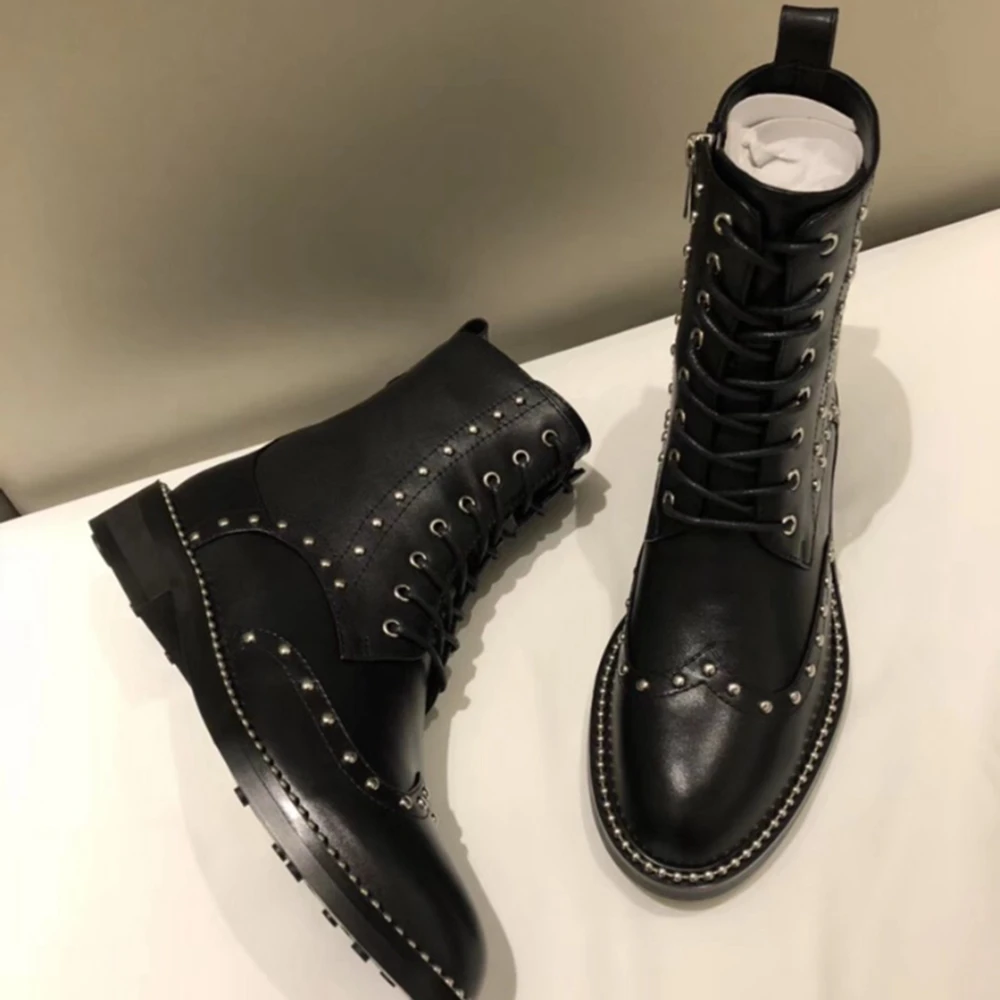 

2019 Women Genuine Cow Leather Boots Rivet Round Toe Chunky Heels Boots Female Autumn Winter Warm Motorcycle Boots Size 35-40