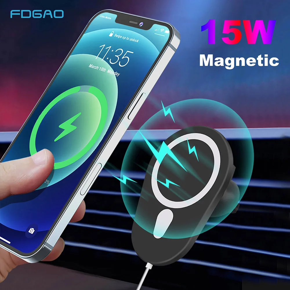 15W Fast Magnetic Wireless Charger for iPhone 12 Pro Max Mini 11 XS XR 8 Samsung S21 S20 S10 Car Mount Magnet Phone Holder Stand