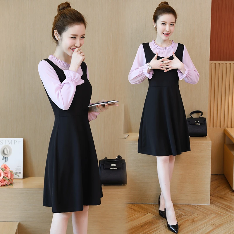 

Sping Fashion Work Casual Streetwear Scoop Knee-length A-line Fake Two Pieces Horn Cuff Long Sleeve Coctail Dresses For Party