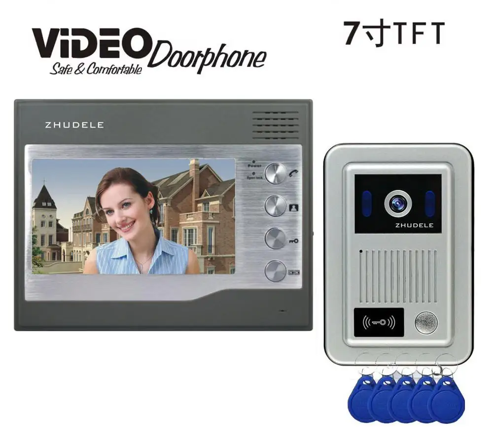 

ZHUDELE 7" video door phone intercom IR Night Doorbell Camera and Hands Free Monitor Intercom Doorbell ID Card lock function 1V1