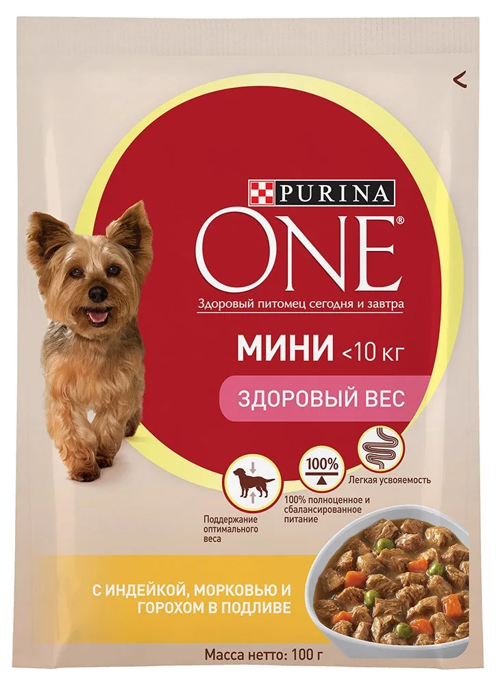 Влажный корм для собак мелких пород Purina ONE МИНИ Здоровый вес, с индейкой, морковью и горохом в подливе, Пауч, 100 г(24 шт