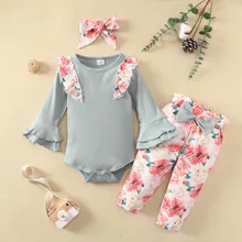 Ensemble de vêtements pour bébés filles de 0 à 18 mois, 3 pièces, tenues florales, à volants, Chic, body, pantalon, pour nouveaux nés, automne 