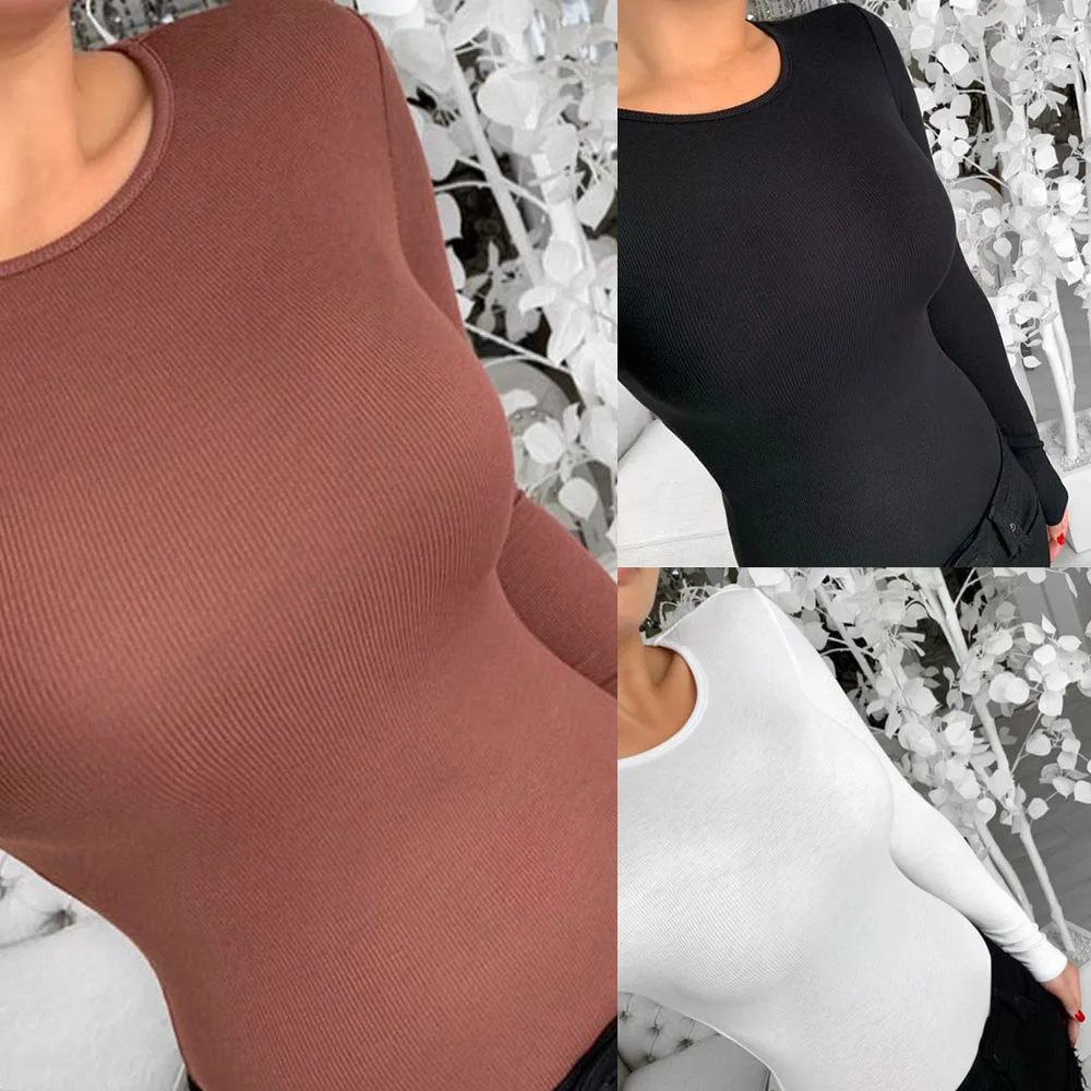 

2019 Fashion New Arrivals Sexy Round Neck Solid Black Red White Skinny Long Sleeve Women Bodysuits Sexy Bodysuit Black Bodysuit