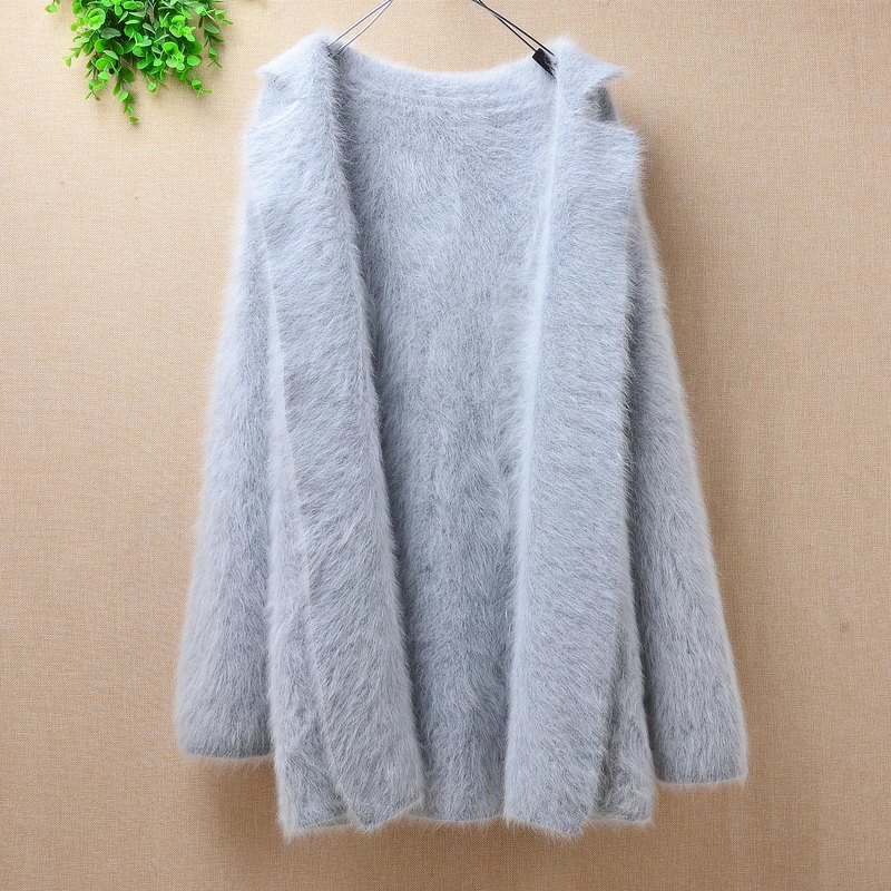 Best Price Fashion warm plush mink cashmere tailored collar long cardigan Women loose long sleeves angora fur sweater coat winter jacket