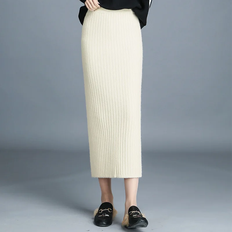 

Knitted One-step Skirt Women's Autumn And Winter 2019 New Style Elasticity over-the-Knee Skirt Mid-length Slit Yarn Sheath Long