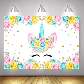 

Unicorn Photography Backdrop Floral Children Birthday Party Background Rainbow Stars Flowers Newborn Unicorn Portrait Photocall
