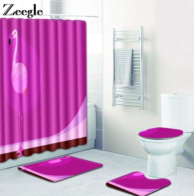 Zeegle Bathroom Curtain and Bath Mat Set Anti Slip Bathroom Carpets Washable Toilet Pedestal Rug Shower Curtain 4pcs Toilet Set