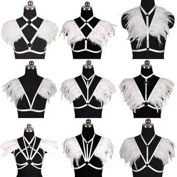 

New Harness Bra Feather White Wing Harajuku Goth Shoulder Shawl Bondage Top Plus Size Pole Dance Party Women Sexy Strap Chest