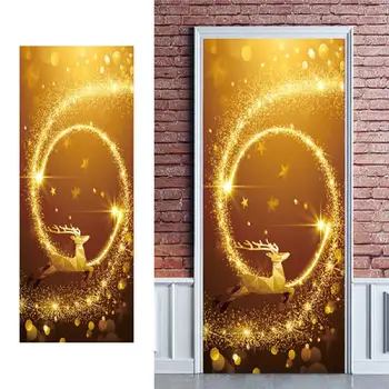 

Print Art Picture 3D Door Sticker DIY Home Decor Christmas Running Deer Self Adhesive Wallpaper Waterproof Mural For Living Room