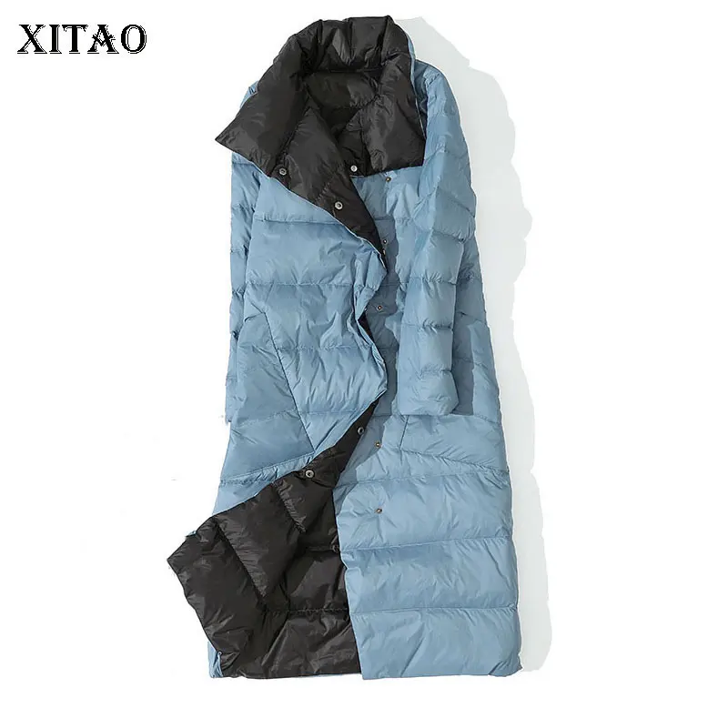 

XITAO Thin Long Down Coat Women Fashion New White Duck Down Double Breast Breast 2019 Autumn Sheath Patchwork Down Coat GCC2417