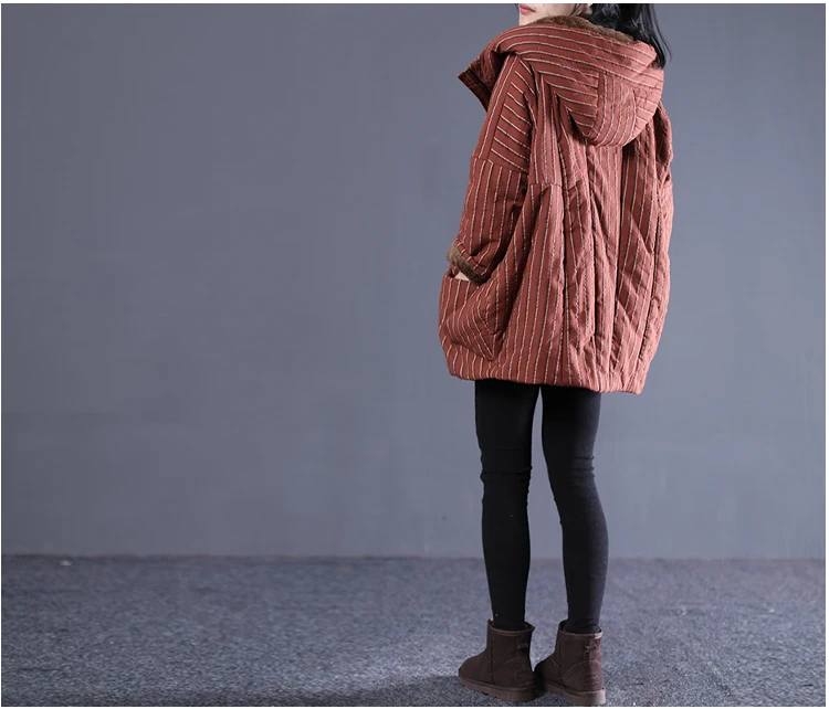 Mori girl/новая зимняя Свободная Повседневная стеганая куртка в полоску с капюшоном, пальто с мехом ягненка, куртка