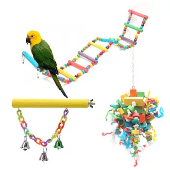 

3Pcs Bird Toy Parrot Hanging Colorful Blocks String Frosted Rod Ladder Swing Toys Bird Biting Chewing Toy Cage Accessory