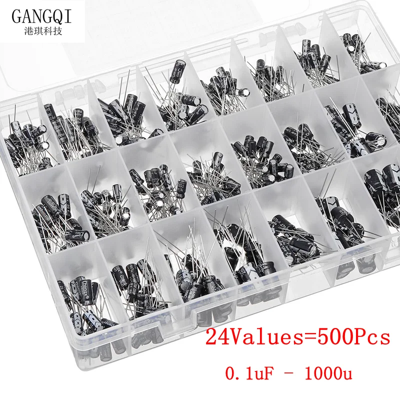 500Pcs/Lot 0.1UF-1000UF 24Values Aluminum Electrolytic Capacitors 16-50V mix Electrolytic capacitor Assorted kit and storage box