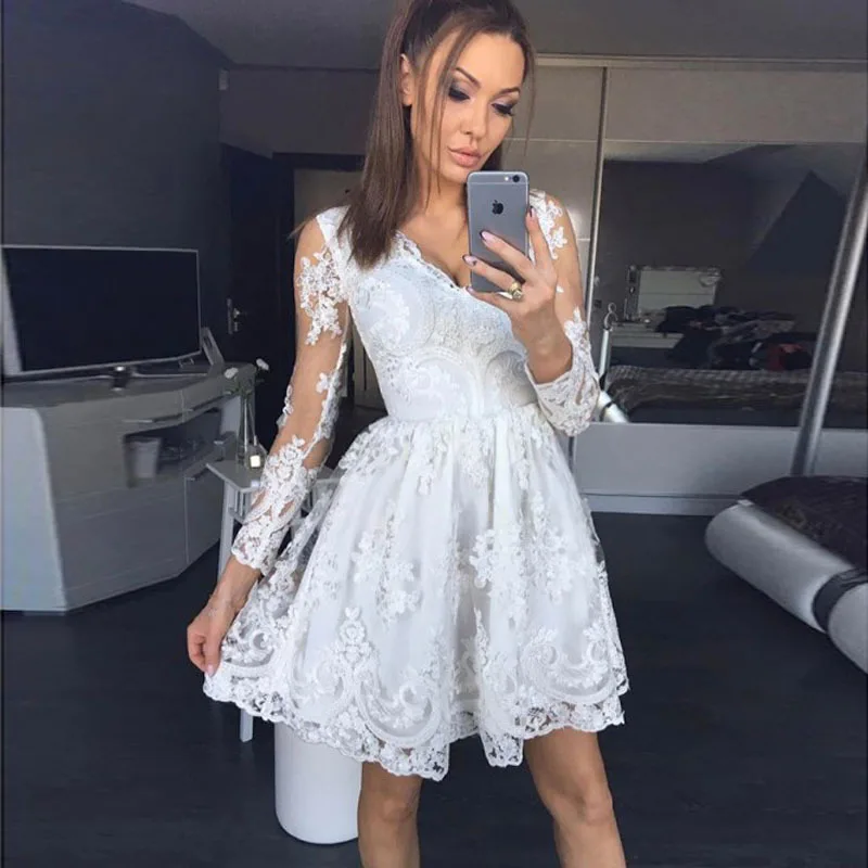 

Linglewei 2019 New dress sexy V-neck Lace Long Sleeve Dress perspective dress