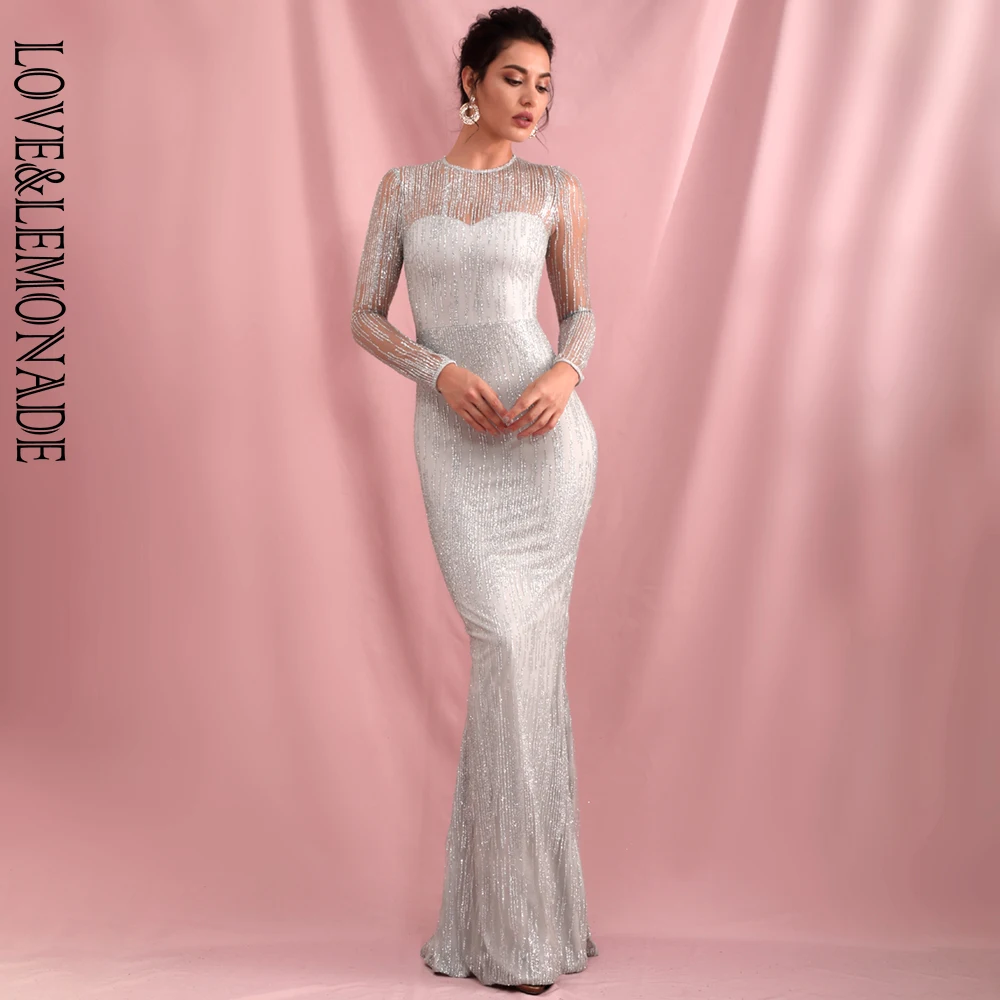 LOVE& LEMONADE, Серебряное платье с круглым вырезом и длинным рукавом, облегающее платье с наклеенными блестками, LM6496-9
