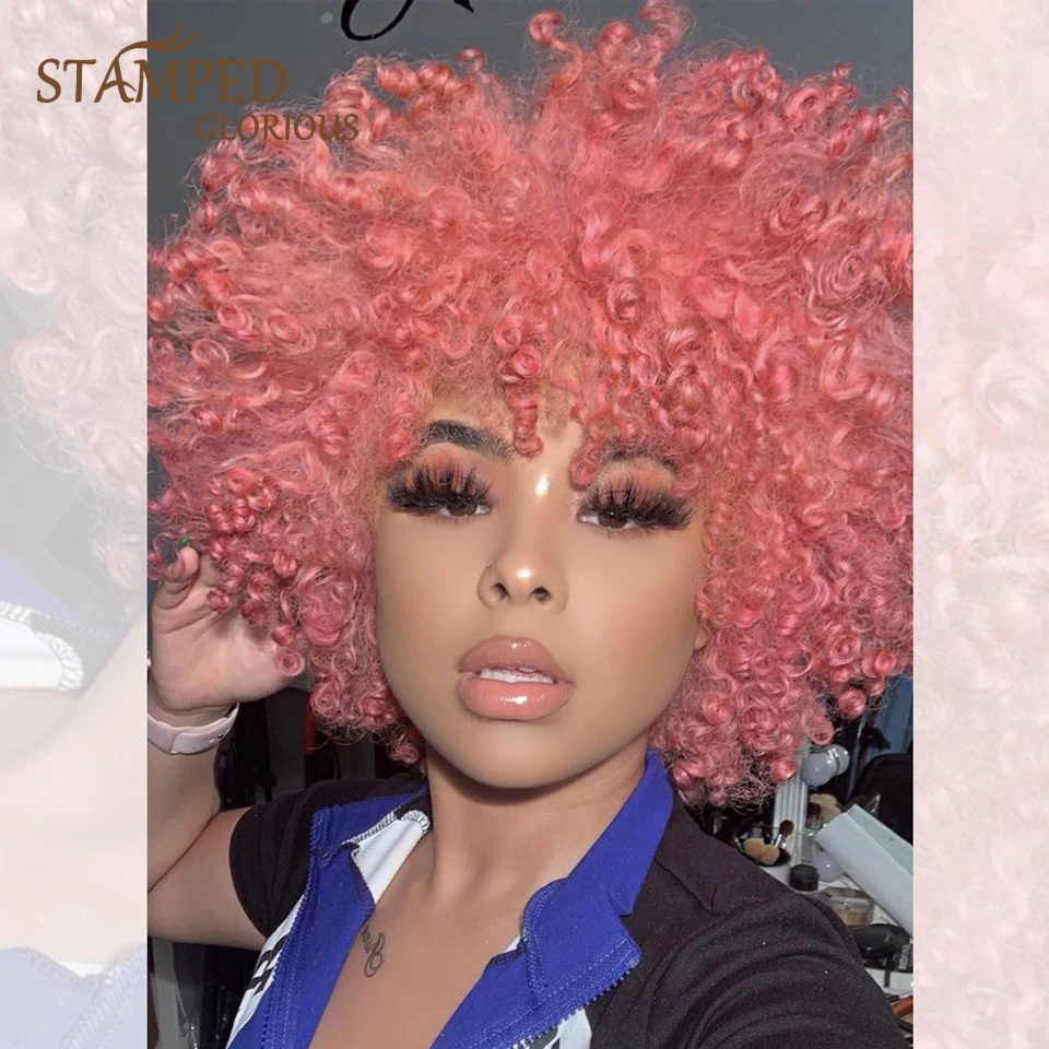 

Stamped Glorious 11inch Afro Kinky Curly Wig With Bangs High Temperature Fiber Natural Hair Ombre Pink Synthetic Wigs for Women