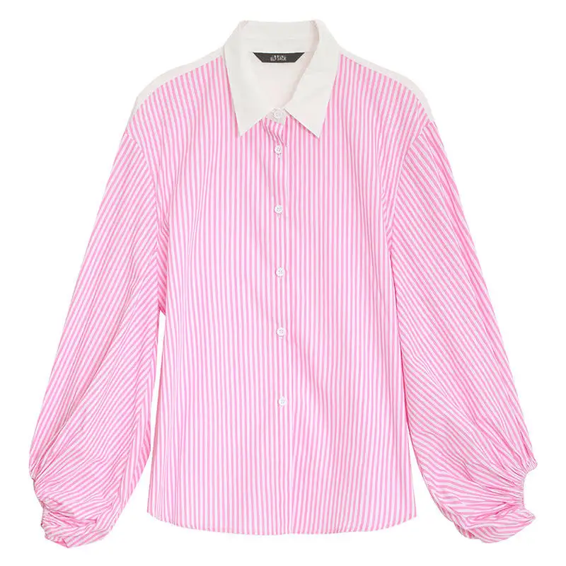Розовый ELFSACK Pink Striped Lantern Sleeve Elegant Blouse Shirt Women Top Autumn Workwear Vintage Office Ladies Blouses - Цвет: Розовый