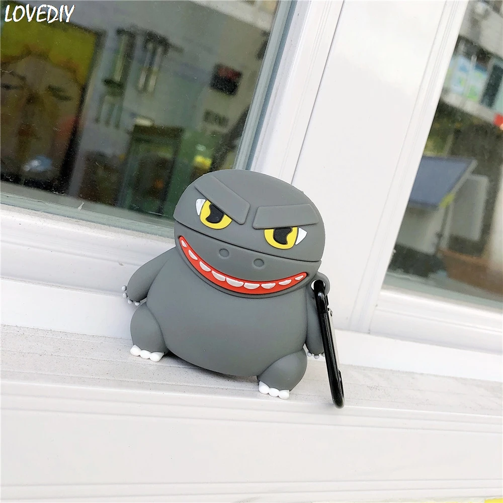 

Cute Godzilla King of monsters Wireless bluetooth headset for Apple iPhone Airpods 1 2 simulation 3D carbon fiber rubber box