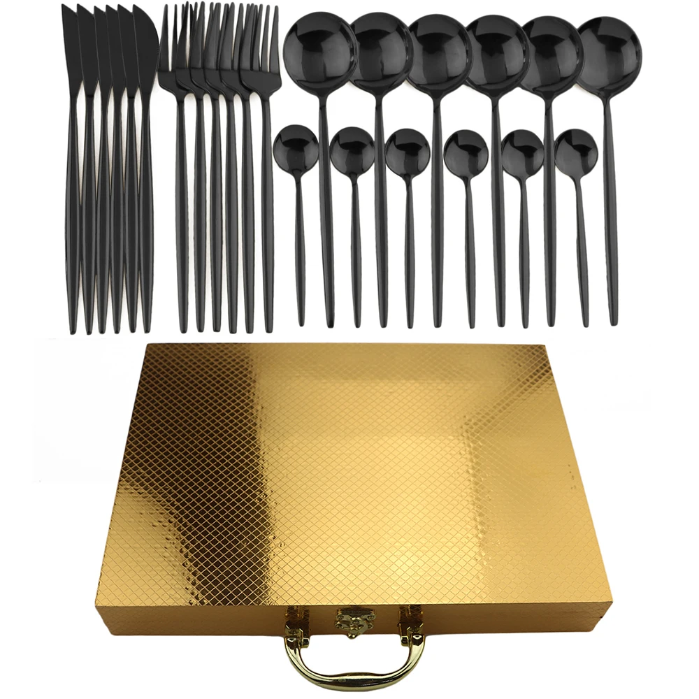 24Pcs Black Розовые золотые столовые приборы, набор черной посуды, вилка, нож, обеденная ложка, набор из 304 нержавеющей стали, посуда для кухни, столовое серебро с коробкой - Цвет: 24Pcs Black