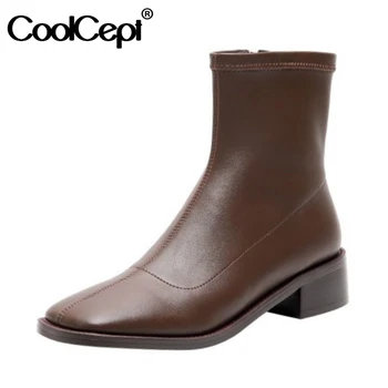 

CoolCept 2020 New Women Square Toe Ankle Boots Stretch Fabric Zipper Thick Heel Solid Color Ladies Footwear Female Size 33-40