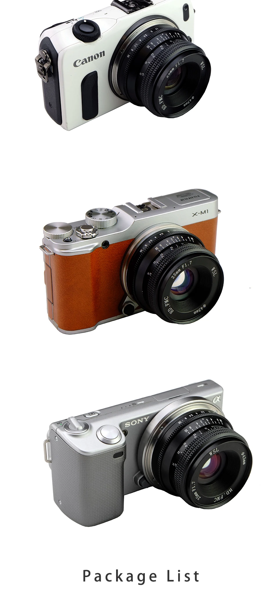 F1.7, 25mm, Sony NEX E-Mount, Fuji XF