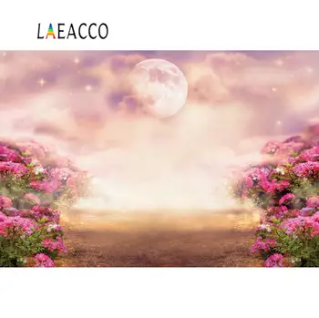

Vinyl Backdrop For Photography Pink Moon Shiny Star Flowers Spring Watercolor Party Baby Scenic Photo Background Photo Studio
