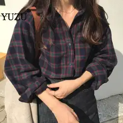 Винтажная клетчатая хлопковая фланелевая рубашка, женские топы, Корейская Повседневная плотная однобортная модная одежда с длинным