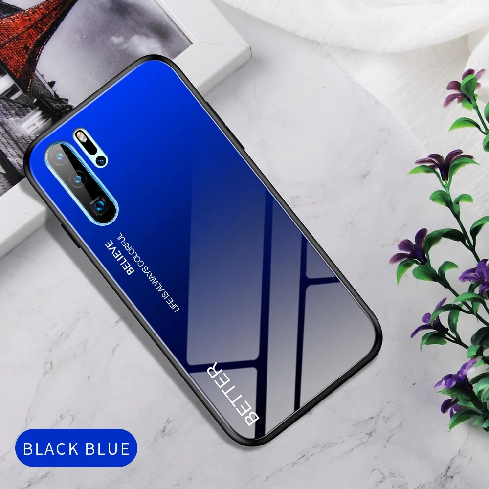 Градиентный стеклянный чехол для телефона huawei P20 P30 Pro mate 30 20 Lite Nova 5 Y6 Y9 модный мраморный Радужный защитный чехол - Цвет: 03 Black Blue