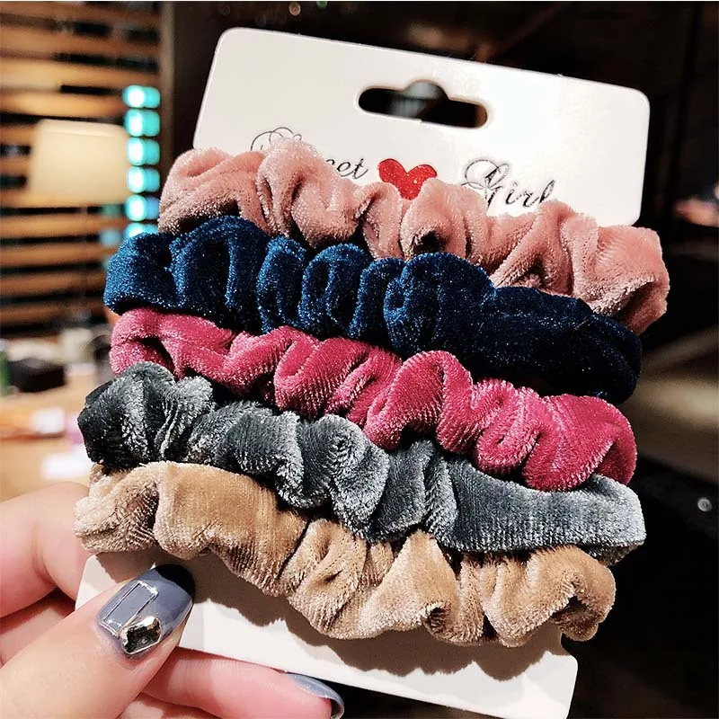 

6pcs/set Women Elegant Solid Silk Velvet Elastic Hair Bands Simple Design Ponytail Holder Scrunchies Tie Headbands
