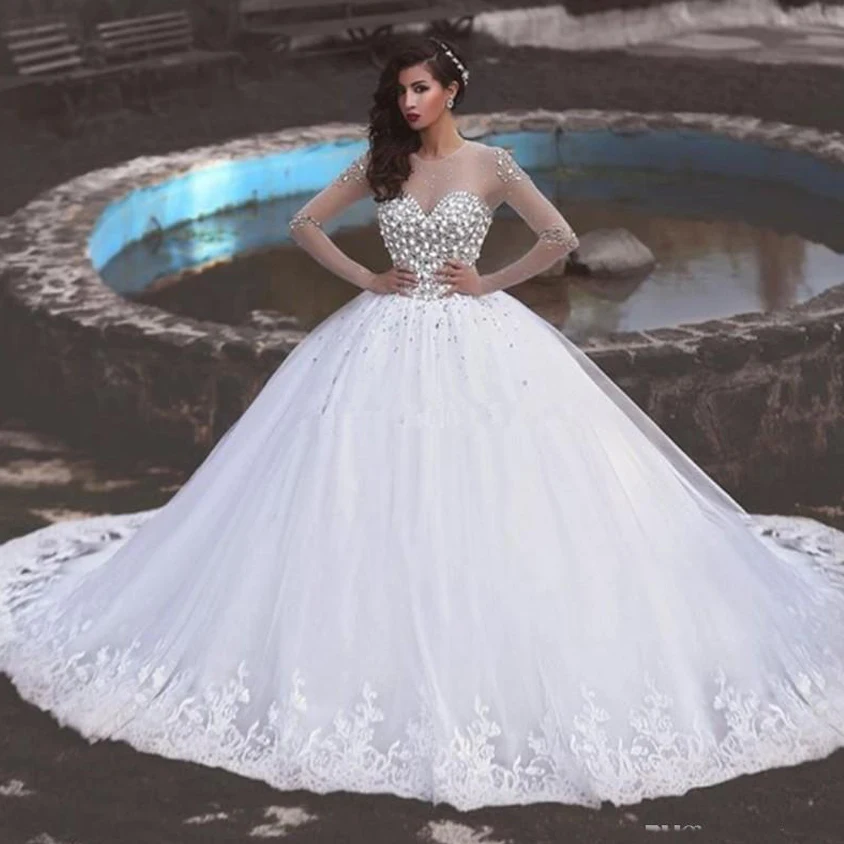 

WD127 Royal Train Ball Gown Wedding Dress 2020 Custom Made Crystals Beading Illusion Bride Dresses Robe De Mariee Saudi Arabic