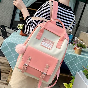 

5pcs/set Teenager Girls Zipper Closure Student School Bag Laptop Backpacks Large Capacity Wear Resistant Travel Canvas Daily