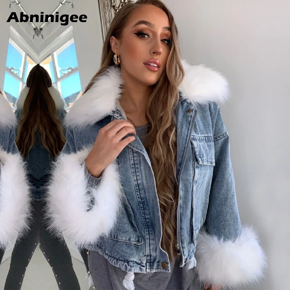 

Women's Winter Denim Jacket Warm Faux Fur Collar Denim Washed Jeans Jacket Outwear Oversized Button Down Long Sleeve Coat 2020