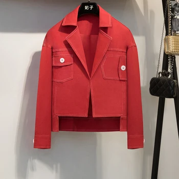 

Women Red Short Outwear Turn Down collar jacket Denim Design Irregular Pockets