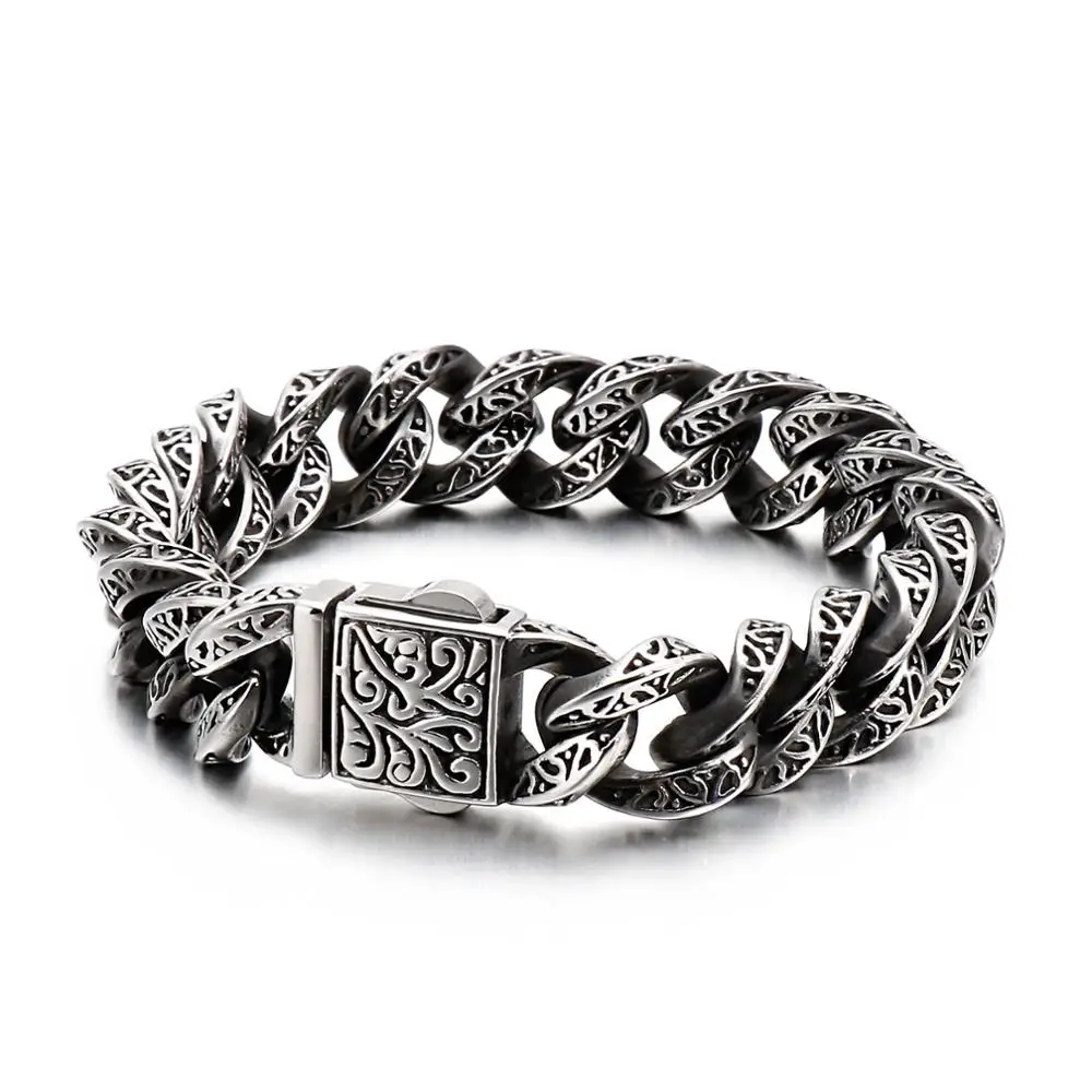 13mm Leaf Pattern Retro Silver Color Cuban Bracelet Men 316