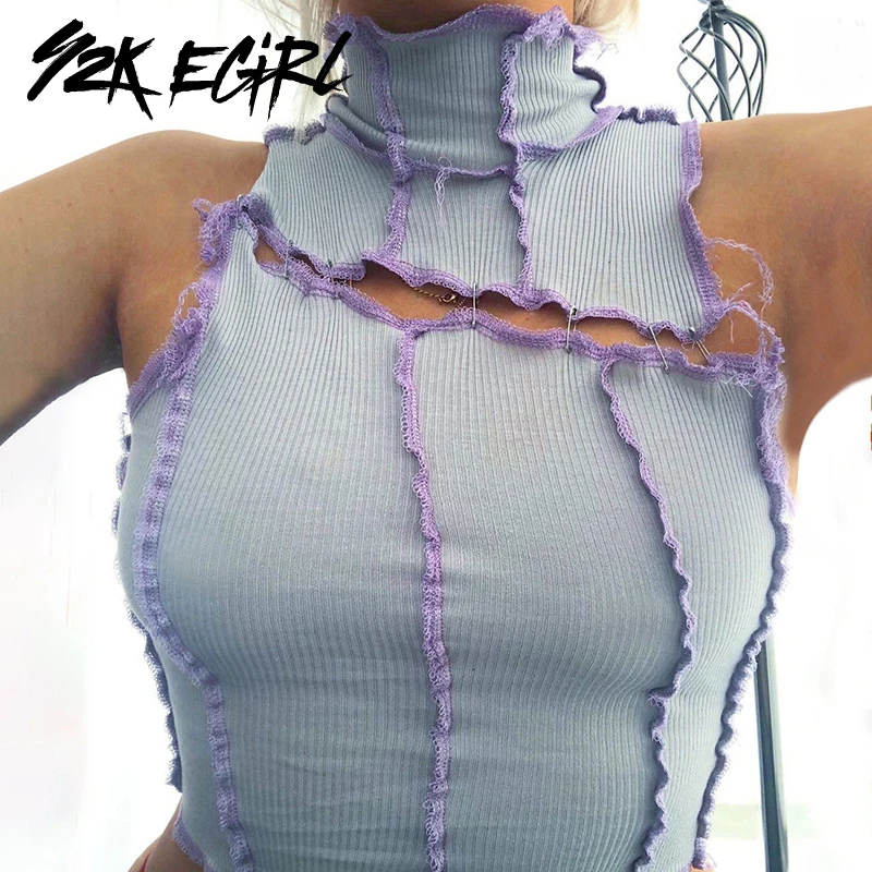 

Y2K EGIRL Casual Turtle Neck Hollow Out Brooches Sleeveless Tank Tops Autumn Stitch Slim Patchwork Knitted Tops Party Outfit 90s