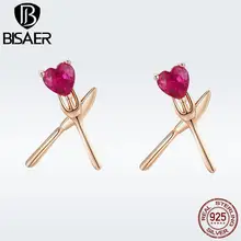 BISAER, романтические, 925 пробы, серебряные, MeanLove, ножи и вилки, серьги-гвоздики для женщин, RoseRed Zircon, модные ювелирные изделия, Bijoux GAE054