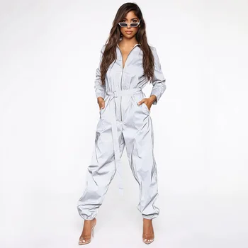 

High Street Reflective Jumpsuit Women Long Sleeve Jumpsuit Pants Front Zipper Turn Down Collar with Belt Reflective Long Rompers