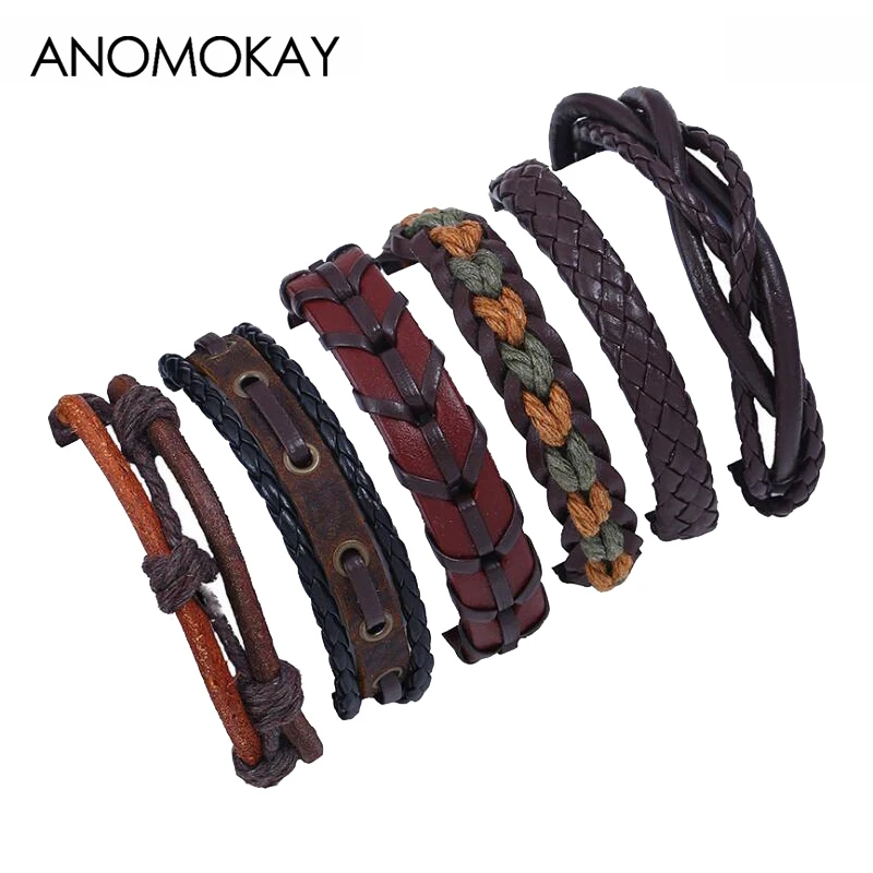 Anomookay 6 шт./партия смешанный стиль s Многослойные Кожаные плетеные браслеты