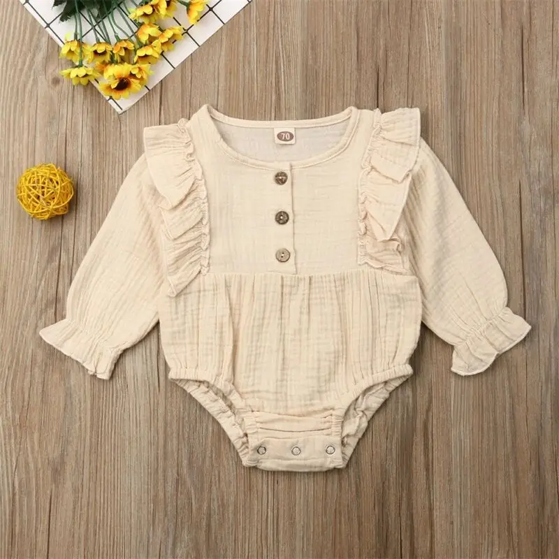Citgeett Autumn Newborn Toddler Baby Girl Clothes Ruffle Bodysuit Soft Jumpsuit Outfit Solid Linen Sunsuit 3