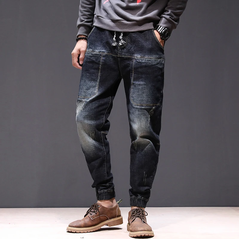Haren Jeans Relaxed Tapered Jean Elastic Drawstring waist and Baggy Legs Joggers Jeans Man Casaul