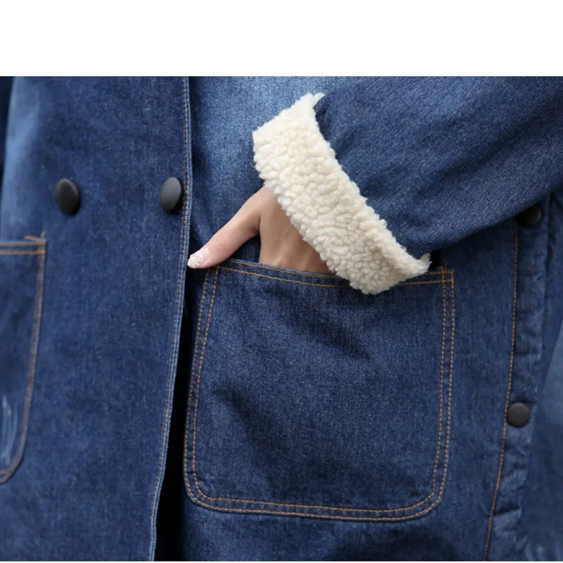 Плюс бархат теплые на зиму Модная Джинсовая куртка корейский принт Повседневная одежда большого размера женский меховой воротник с капюшоном овечья шерсть одежда f1557