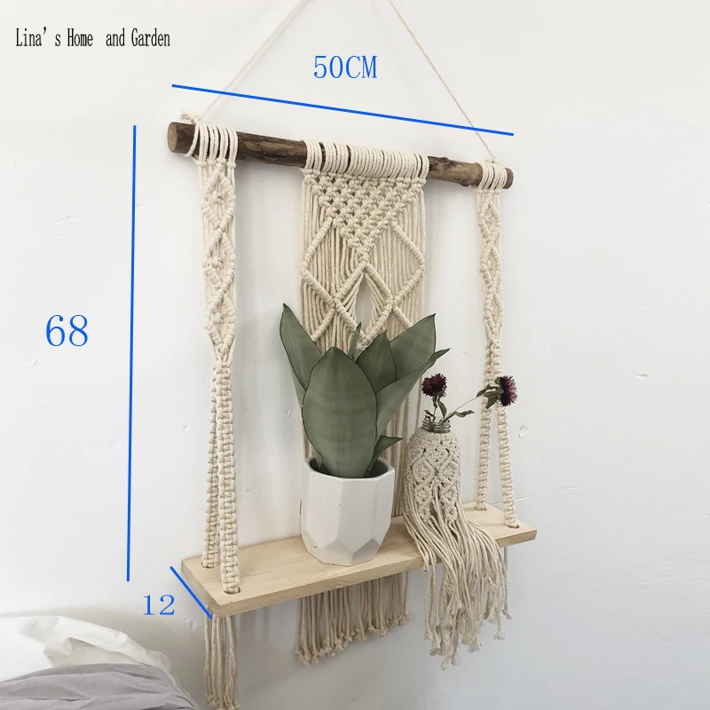single tier decorative organization wood and cotton rope handmade wall hanging shelf